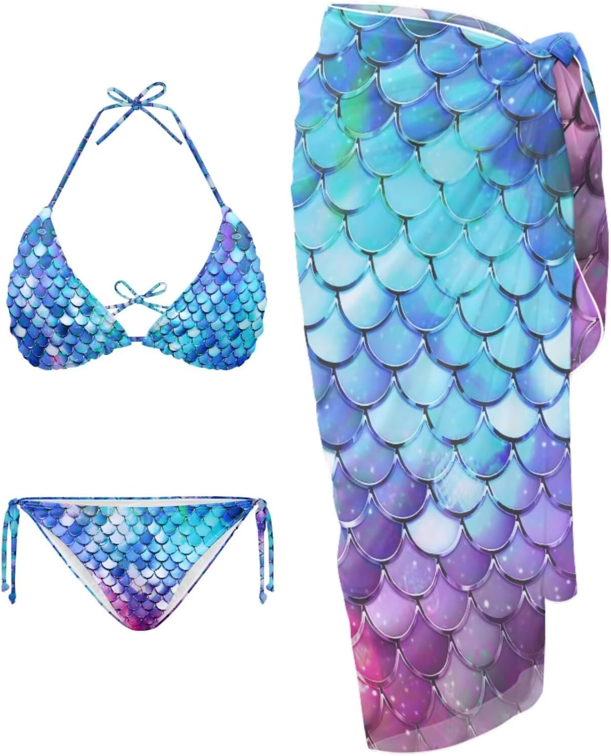 Xpyiqun 3 Piece Bikini Swimsuits with Cover Up Skirt Bathing Suit for Women Halter Triangle Top Tie Side Bottom Coverup