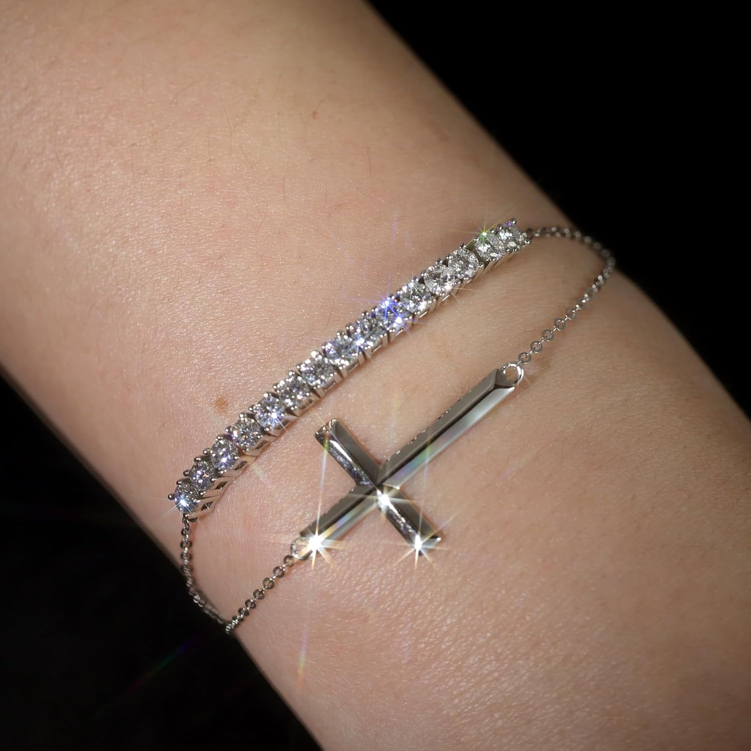 Cross Moissanite Tennis Bracelet for Women - 925 Sterling Silver Moissanite Tennis Bracelet Cross God Jewelry Double Strand Adjustable Gift for Women