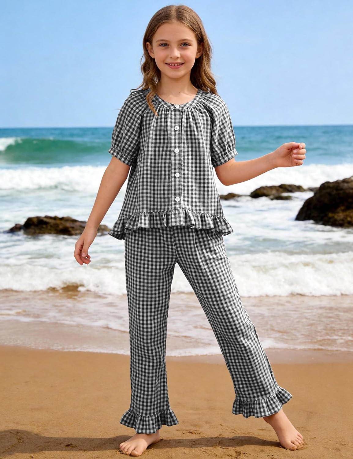 Girls Plaid 2 Piece Outfits Cotton Short Sleeve Ruffle Babydoll Shirt Gingham Pants Clothing Set - Image 2