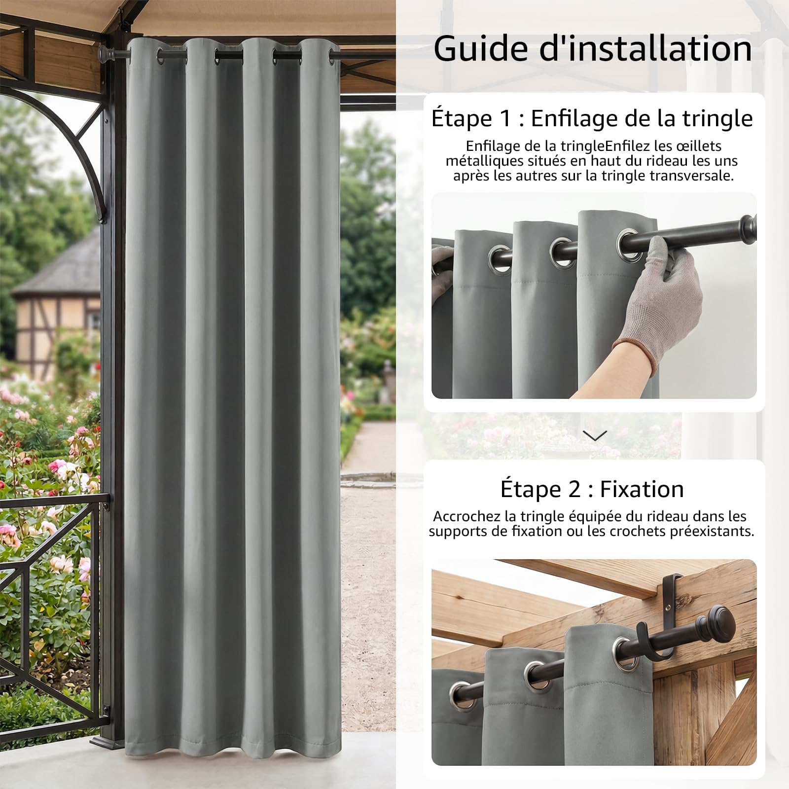 TOPICK Lot de 2 Rideaux d'extérieur Occultants Imperméables à Oeillets， Protection de l'Intimité, Usage Intérieur et Extérieur, L132 x H275 cm, Gris Clair, pour Pergola Terrasse Balcon Jardin Tonnelle