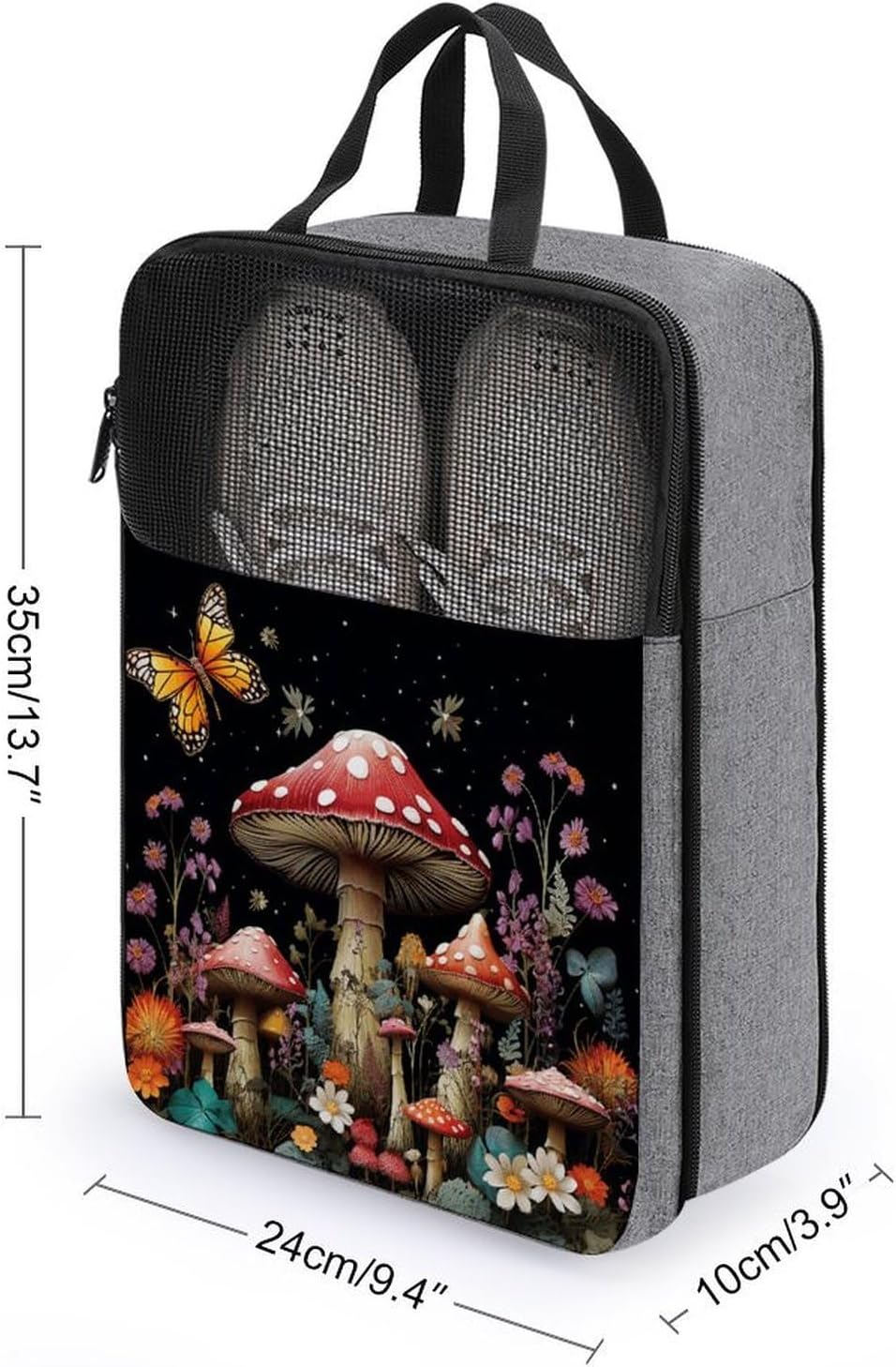 Mushrooms And Butterflies on Black Background Shoe Bag for Travel Waterproof Shoe Pouch Shoes Storage Shoes Travel Bags with Zipper Travel Gym Soccer Sneaker Golf Dance Essentials for Women And Men