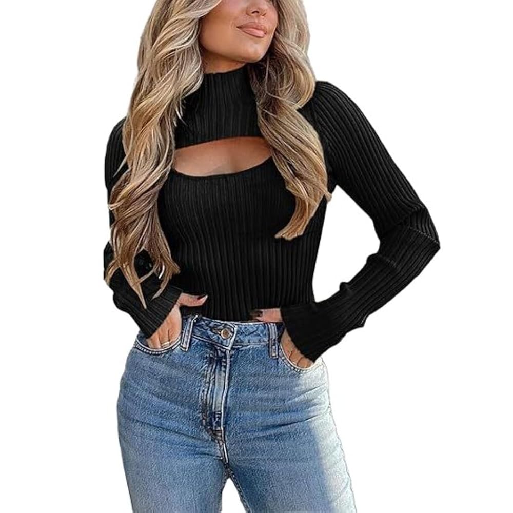 Bluedeer Women's Cut Out Turtleneck Sweater Long Sleeve Slim