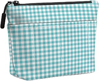 Mint Green Gingham Makeup Bag, Portable Travel Toiletry Cosmetic Bag with Front Pocket, Multi Purpose Makeup Organizer Storage Pouch, Gift for Women Friends Daily Use, Party Beach, Birthday Christmas
