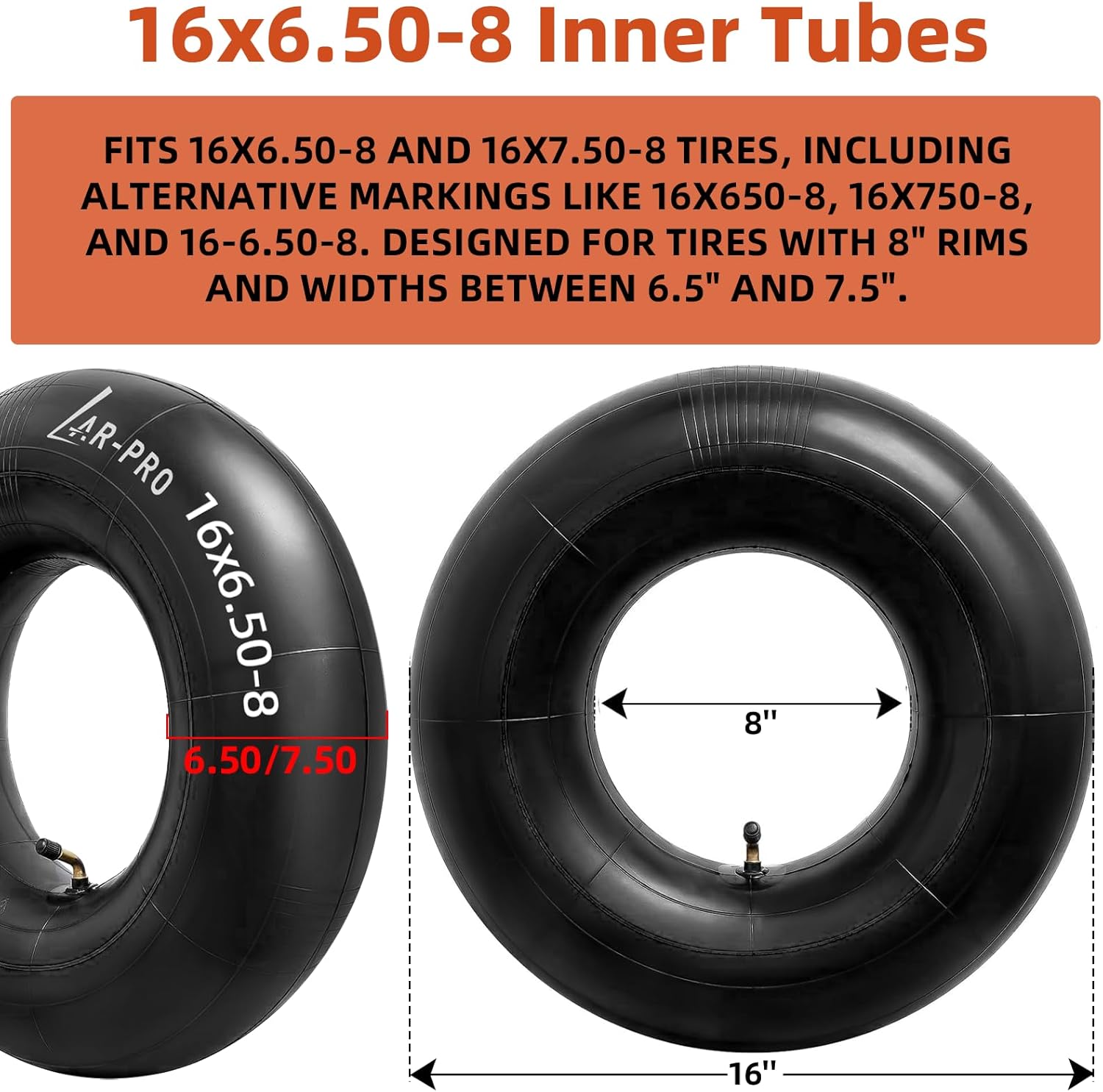AR-PRO 2-Pack 16x6.50-8 Inner Tubes with TR-87 Bent Valve Stems – Replacement 16x6.50/7.50-8 Heavy-Duty Tubes for Lawn Mowers, Garden Tractors, Golf Carts, Snow Throwers, ATVs, and Utility Trailers