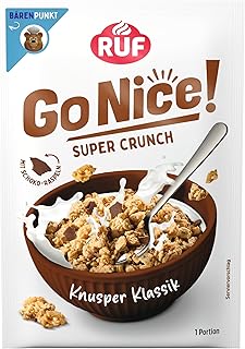 RUF GoNice! Super Crunch Knusper Klassik Müsli, crunchy Granola mit geraspelter Vollmilch Schokolade, 50 g Portionsbeutel