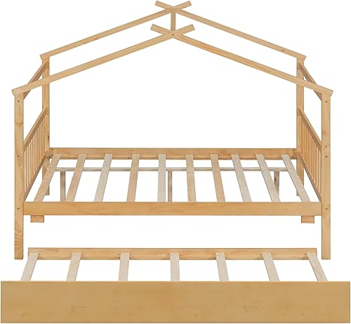Miniatura 4 de Cama matrimonial con nido para niños, cama matrimonial de madera con techo, marco de cama de plataforma de tamaño matrimonial, cama con dosel, cama