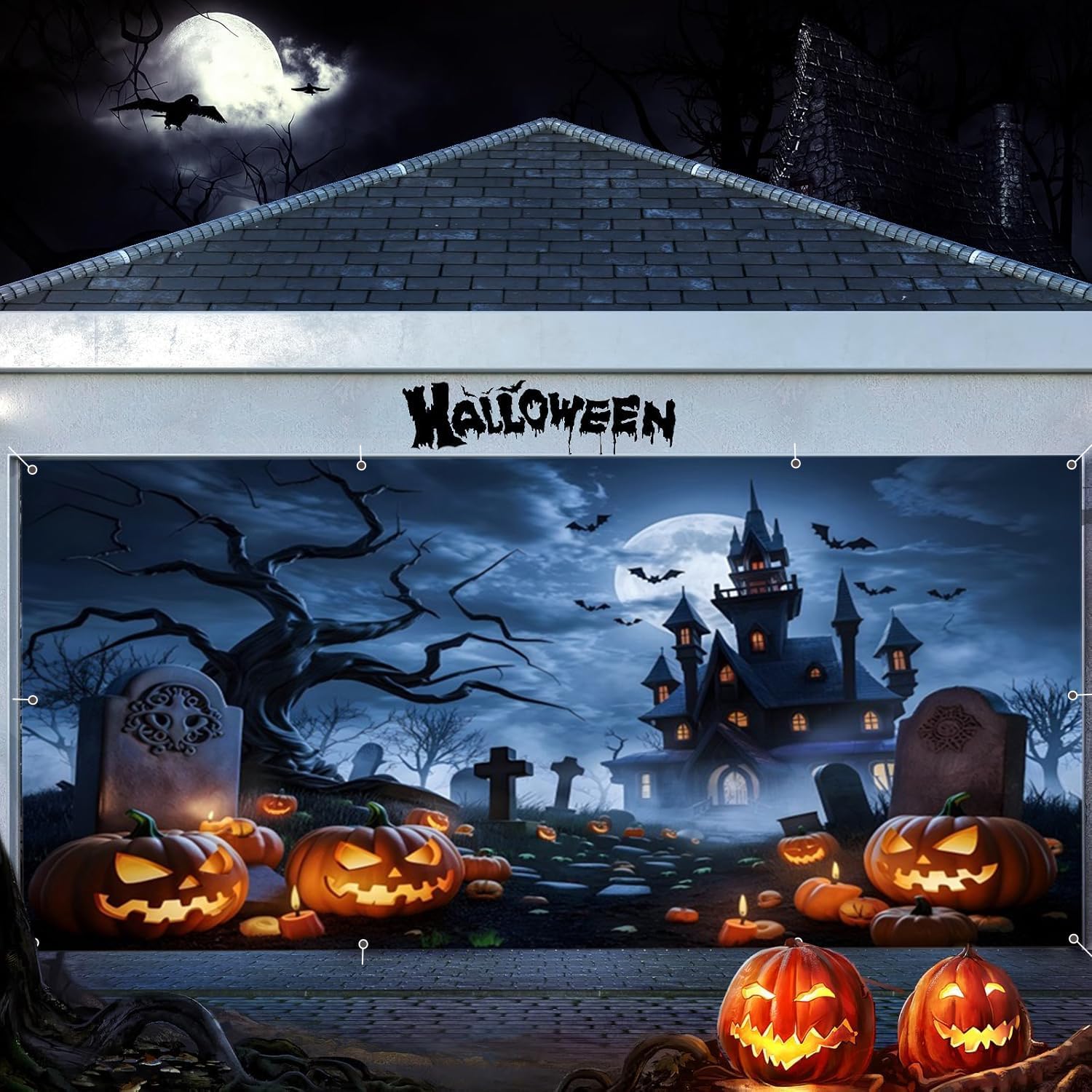 Halloween Garage Door Cover 7x16ft Scary Cemetery Graveyard Halloween Backdrop Garage Door Decorations Banner Horror Night Pumpkin Lantern Background Spooky Backdrops for Party