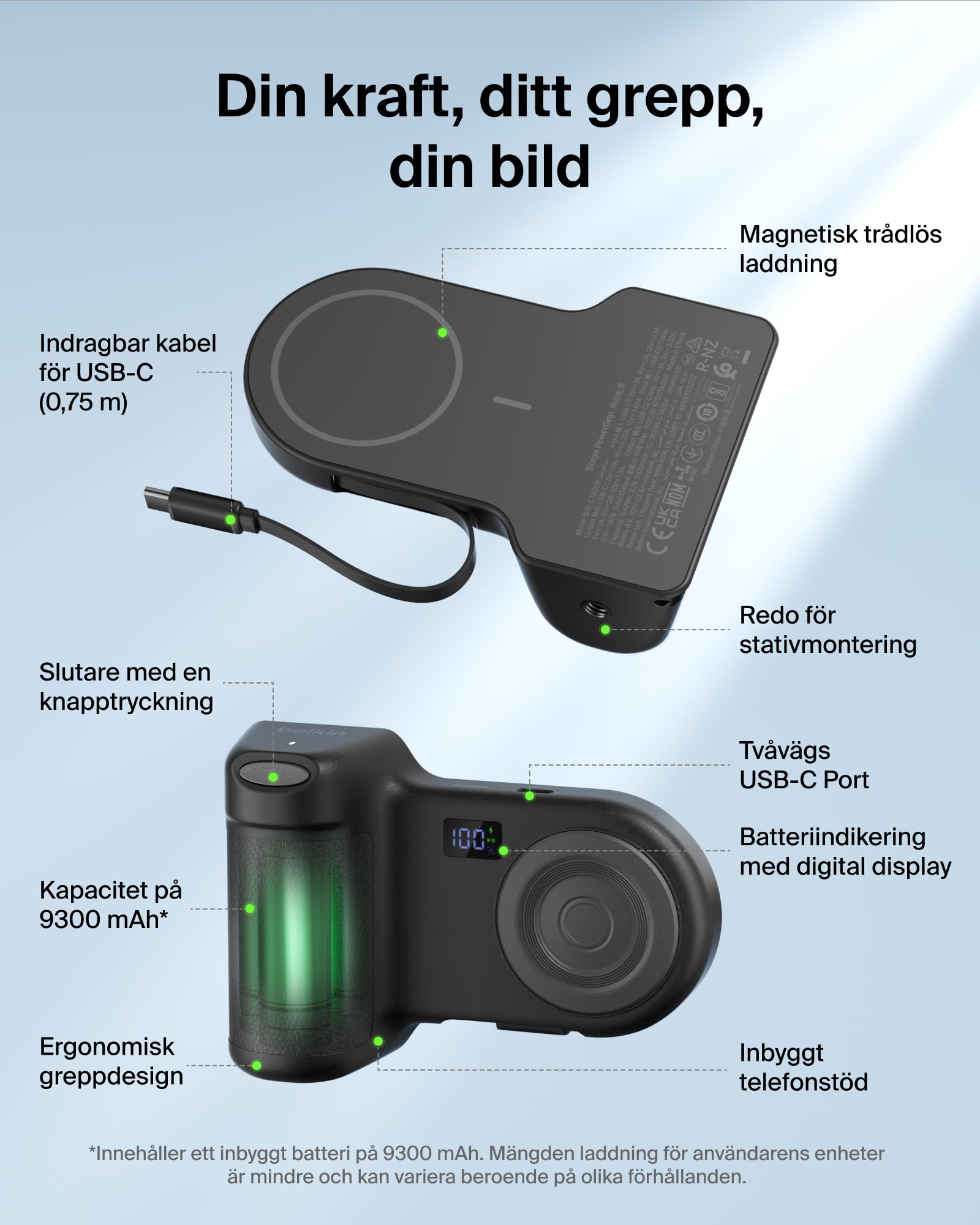 Belkin Stage PowerGrip Magnetyczny Uchwyt do Aparatu, 9300 mAh – Czarny | Powerbank Bezprzewodowy 9300 mAh, 15 W, Port USB-C, Kabel w Zestawie, Przycisk Migawki Bluetooth, Podstawka, Naładowany
