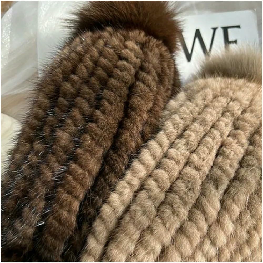 QXDZSW Bonnet chaud d'hiver en fourrure de vison pour femme avec pompon en fourrure de renard sur le dessus