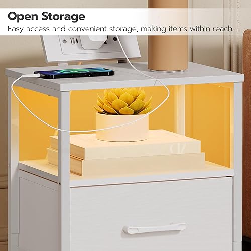 Miniatura 5 de HOOBRO Mesita de noche con estación de carga y luz LED, mesita de noche LED con 2 cajones de tela, mesa auxiliar con salidas y puertos USB, mesitas