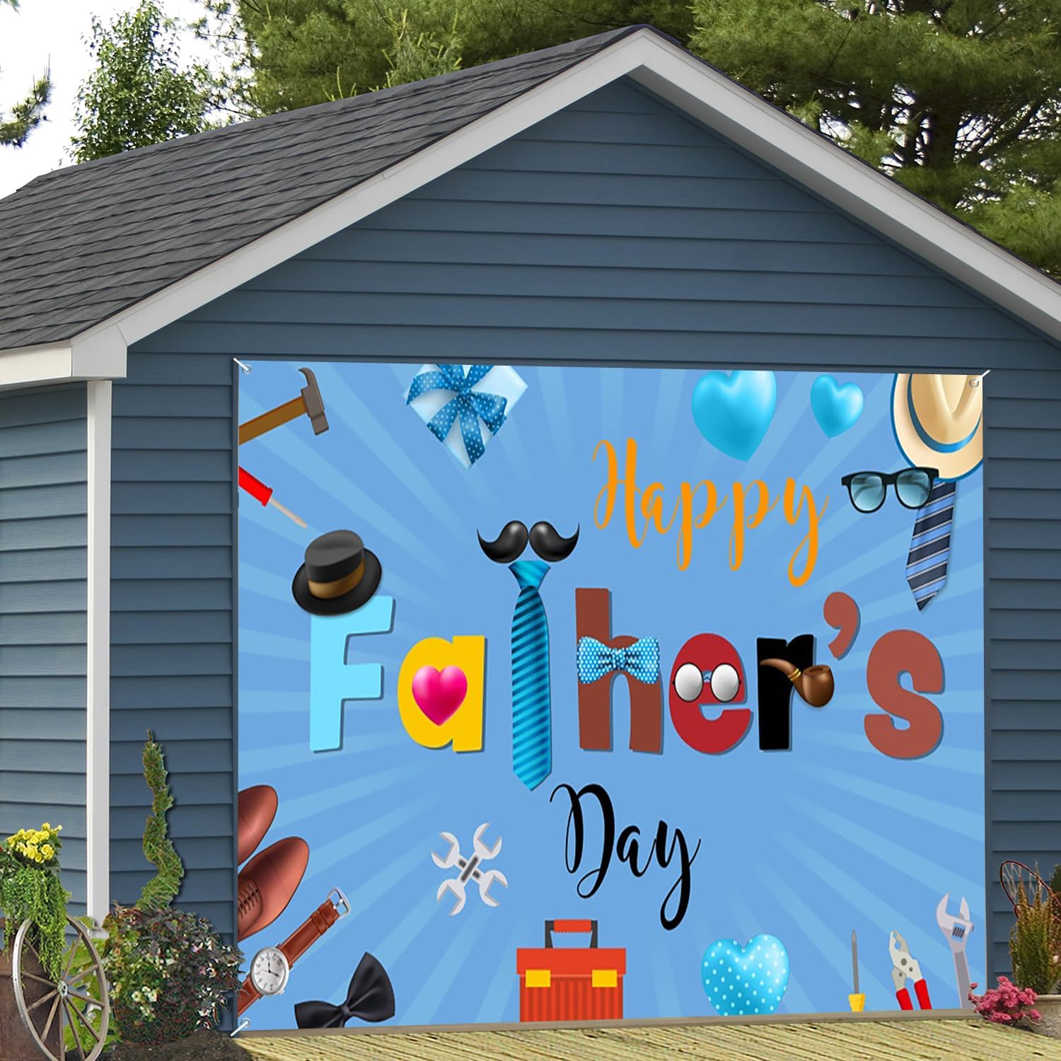 7x8ft Happy Father's Day Garage Door Decor Blue Tie Gift Box Love Stripe Cartoon Pattern Garage Door Background for I Love Dad Adults Dad Man Family Festival Decoration Banner