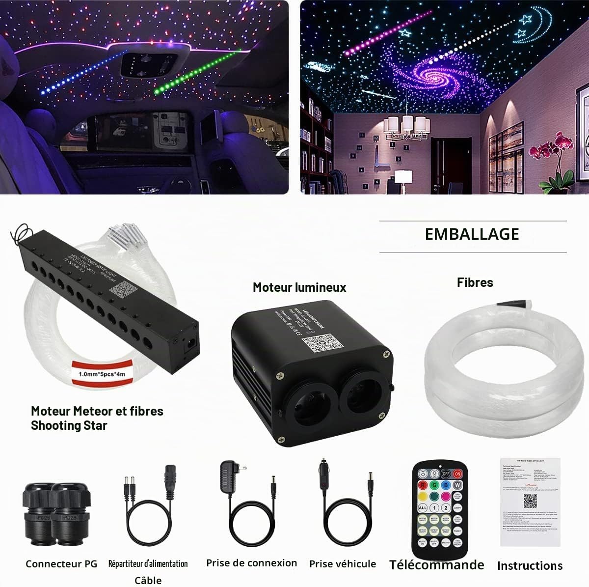 20W Twinkle Voiture Fibre Optique Lumière pour Voiture，Meteor+860pcs*(0.03+0.04+0.06in)*13.1ft, Commande vocale/APP/télécommande RGBW Source de lumière LED Fibre Optique Star Plafonniers Kit