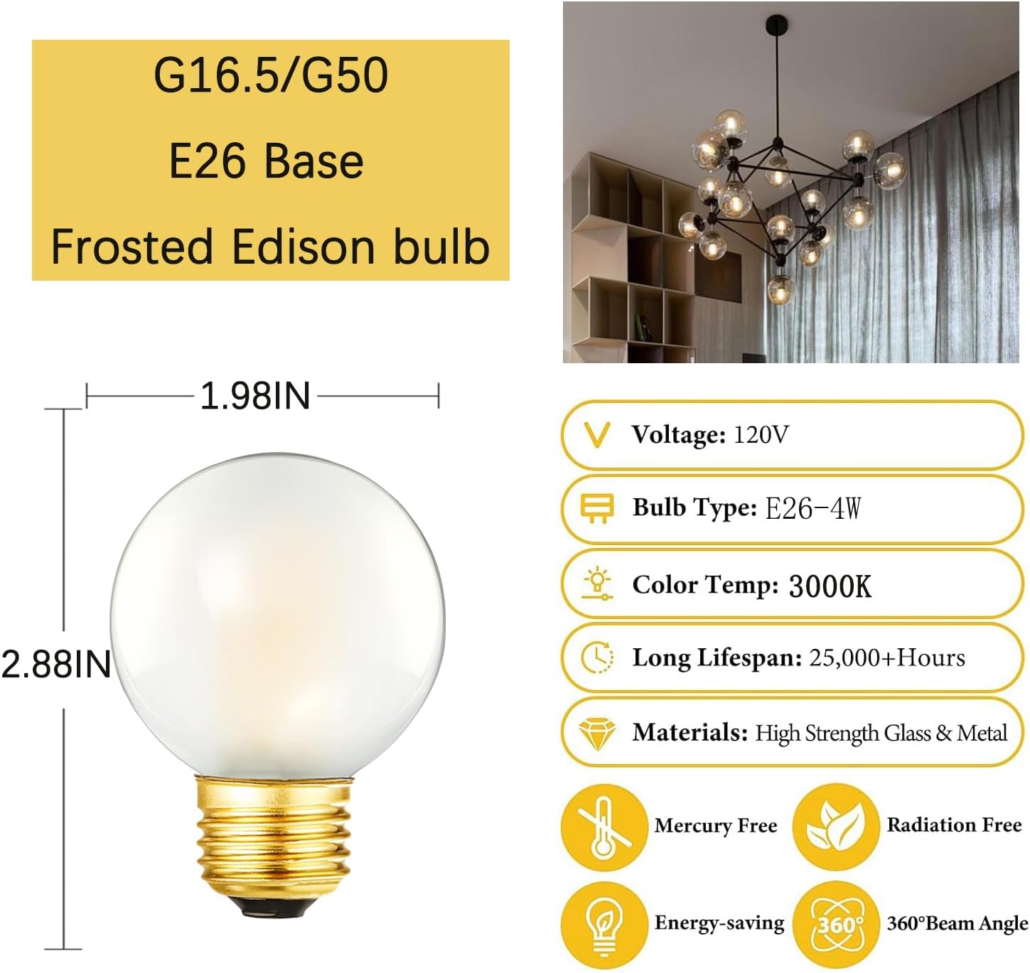 Dimmable g16.5 LED Light Bulb 40W Edison Globe Light Bulb,4W Equal 40 watt Light Bulb, 3000K 400lm AC120V,E26 Frosted Chandelier led Bulb for Chandelier,Vanity and Ceiling Fan,6Pack (4W-3000K)