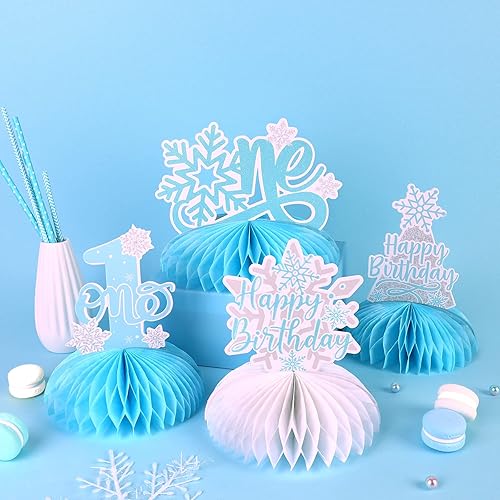 Miniatura 2 de Fangleland 8 centros de mesa de panal de copo de nieve azul para primer cumpleaños, 1er cumpleaños 3D decoraciones de mesa para niños de invierno de
