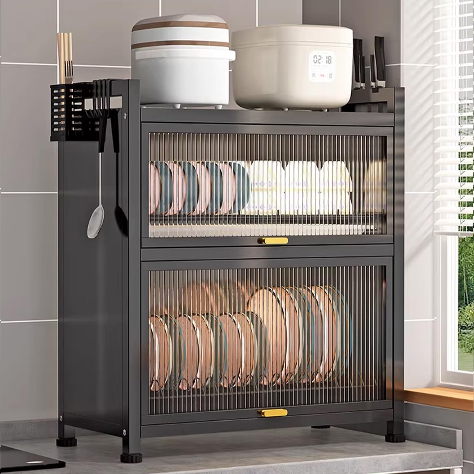 Lar - Escurridor de platos negro con bandeja de goteo, cocina que ahorra espacio para platos, cuencos y sils, encimera Sto Solut (57 x 28,5 x 61,5 cm)