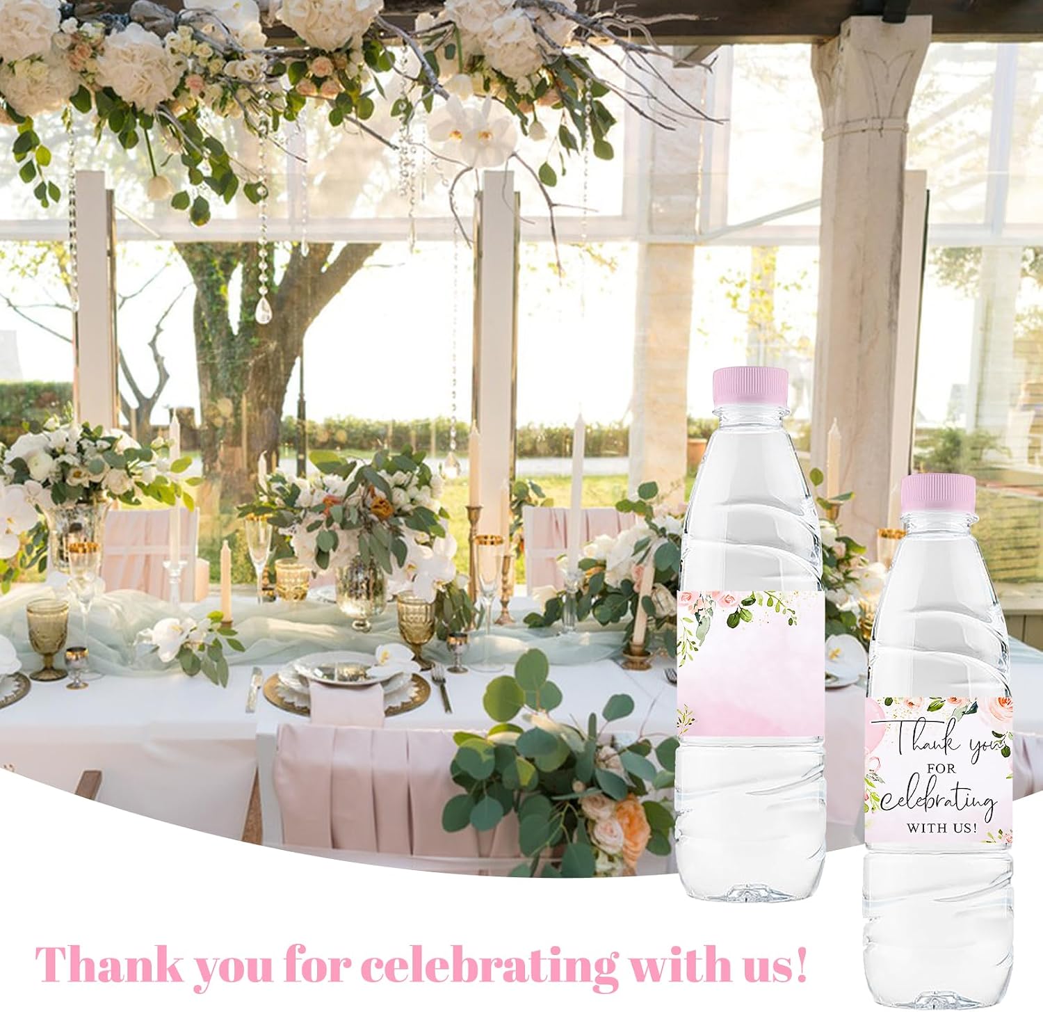 50Pcs Pink Floral Wedding Water Bottle Labels Flowers Pattern Bottle Stickers Drinks Wrappers for Bridal Shower Party Favors Decor Supplies