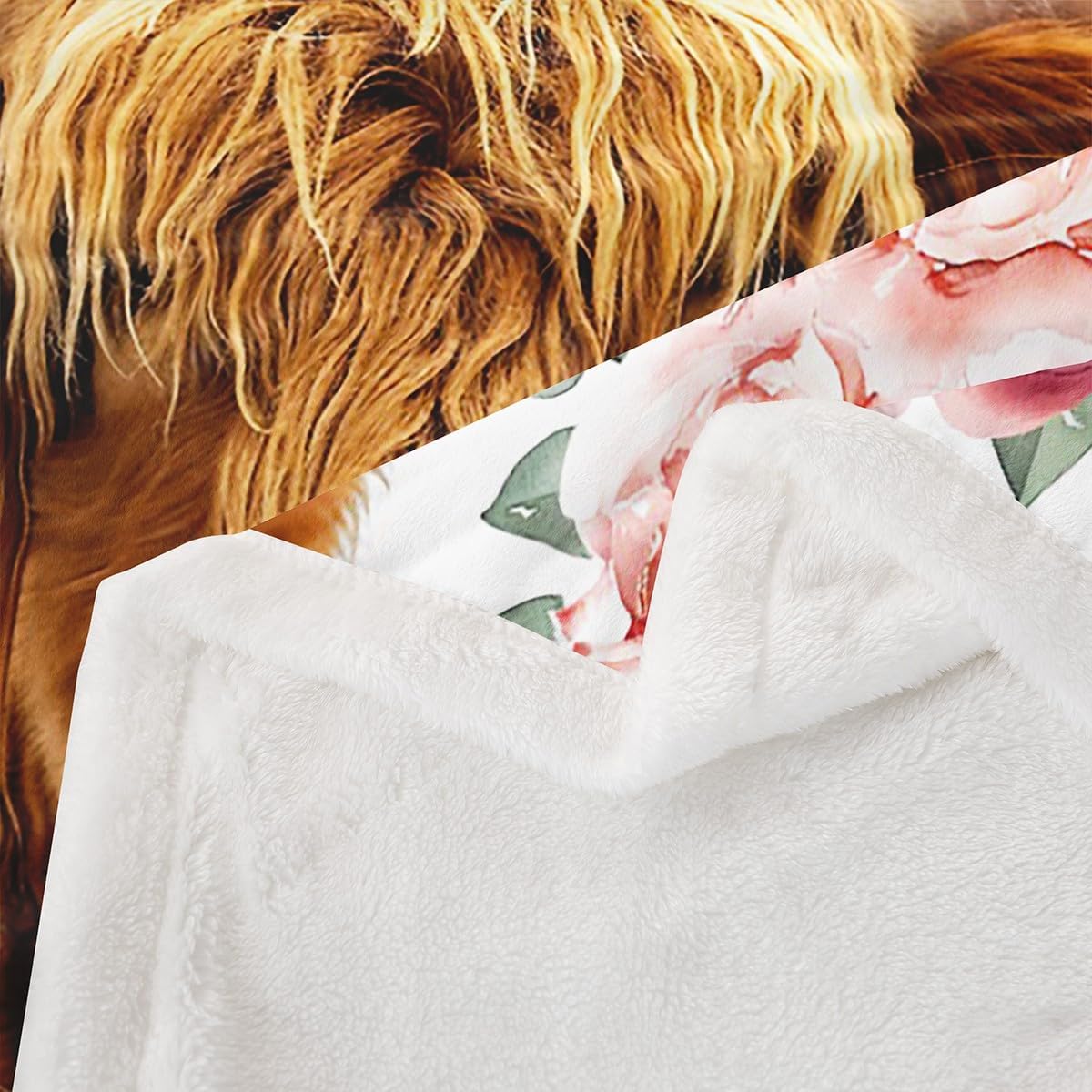 Brown Highland Cow Flannel Blanket, Pink Watercolor Flowers Print Throw Blanket for Sofa Couch, Western Cowboy Animal and Floral Theme Bed Blanket Wildlife Farmhouse Cow Plush Blanket, Throw 50"x60"