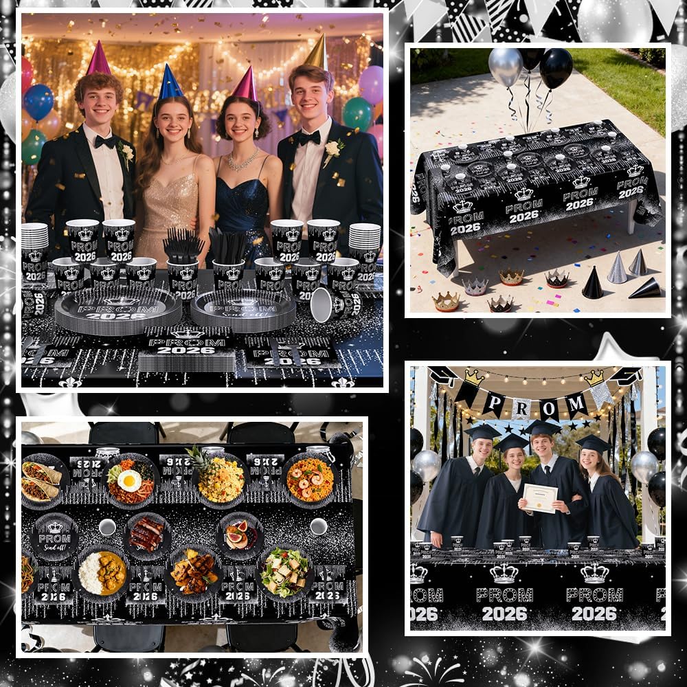 AIBIIN 145PCS Prom Send Off Decorations 2026 Black and Silver Prom Paper Plates Cups and Napkins Sets 2026 Graduation Party Supplies Disposable Tableware Set with Tablecloth Serves 24 Guests