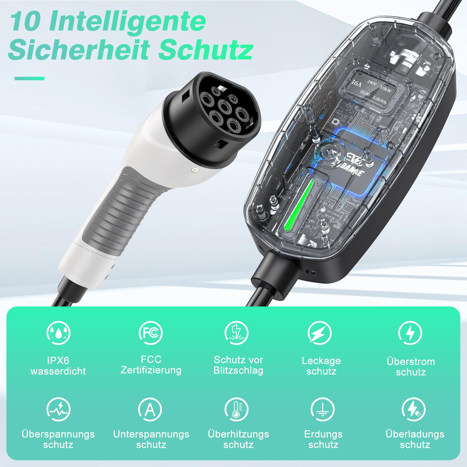 EVDANCE Ladekabel Typ 2 Schuko 6.1m 3.68KW Tragbares Ladegerät mit OLED Bildschirm 6-16A für PHEV/EV-Weiß