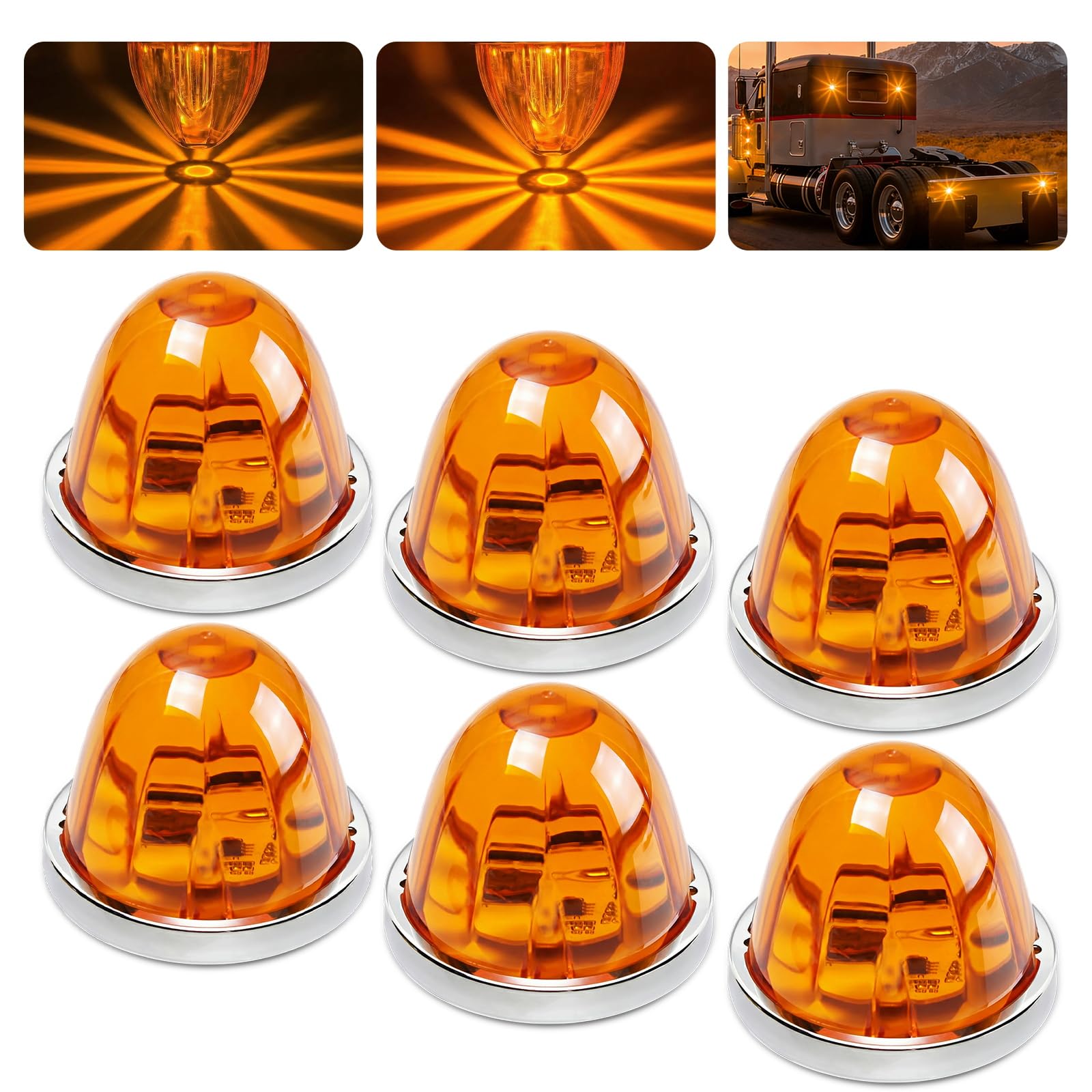 6PCS Watermelon Lights Amber Strobe &amp; Constant Multi-Function LED Side Marker Turn Signal Tail Roof Lights with Stainless Steel Bezel for Trailer Semi-trailer Heavy-duty Truck