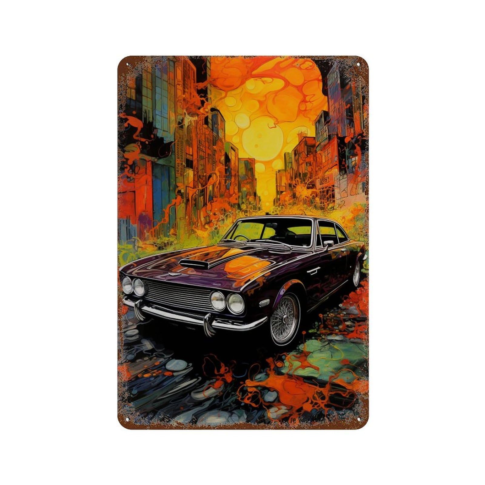 Weathered Tin Sign Vibrant Cityscape with Classic Car -1 11.8"x7.9", Novelty Wall Decor for Basement, Hobby Room And Garage Decor