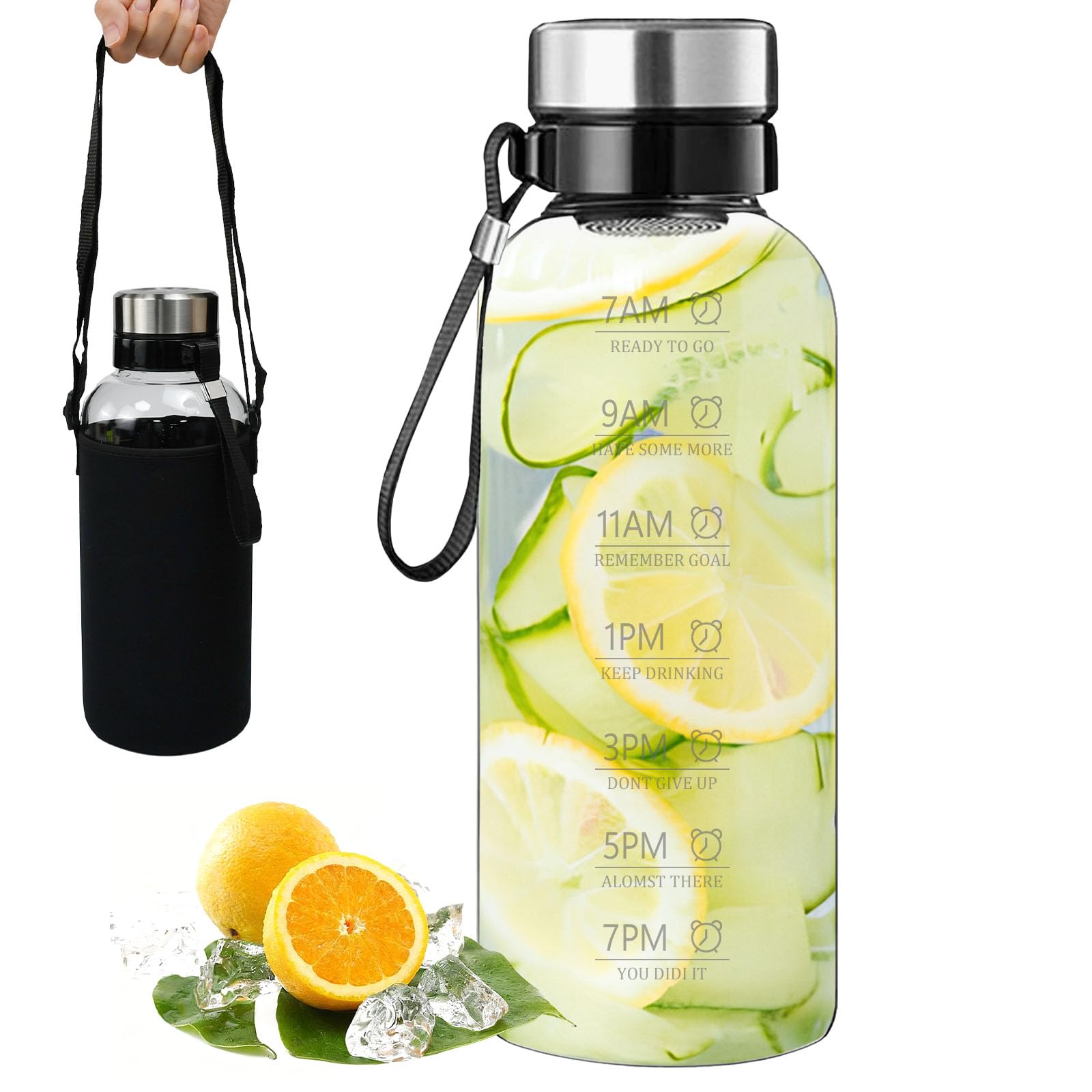 Bouteille d'Eau en Verre 2L, Gourde Graduée pour 1 Journee Transparente avec Couvre-Gobelet Noir, Gourde Transparente avec Brosse en Silicone pour Bureau, Sport, École