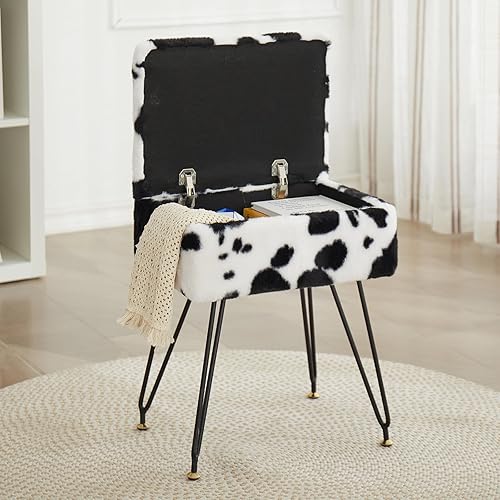 Miniatura 10 de Taburete de tocador, taburete otomano de piel sintética de peluche con patas de metal y pies negros ajustables, silla de maquillaje con Blanco,Negro