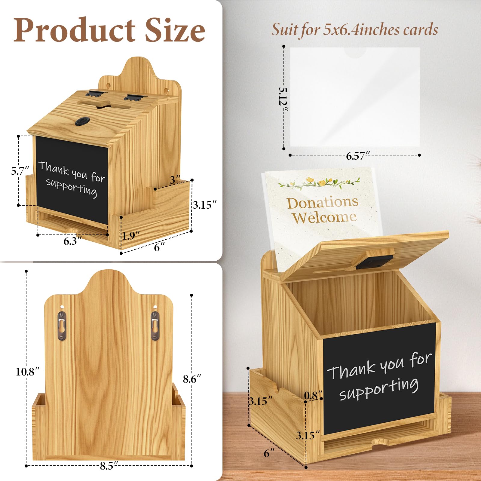 Caja de sugerencias con ranura y cerradura, caja de donación de madera con soporte acrílico para carteles, 50 tarjetas de sugerencias y herramientas, múltiples usos para propina, ahorros, oración