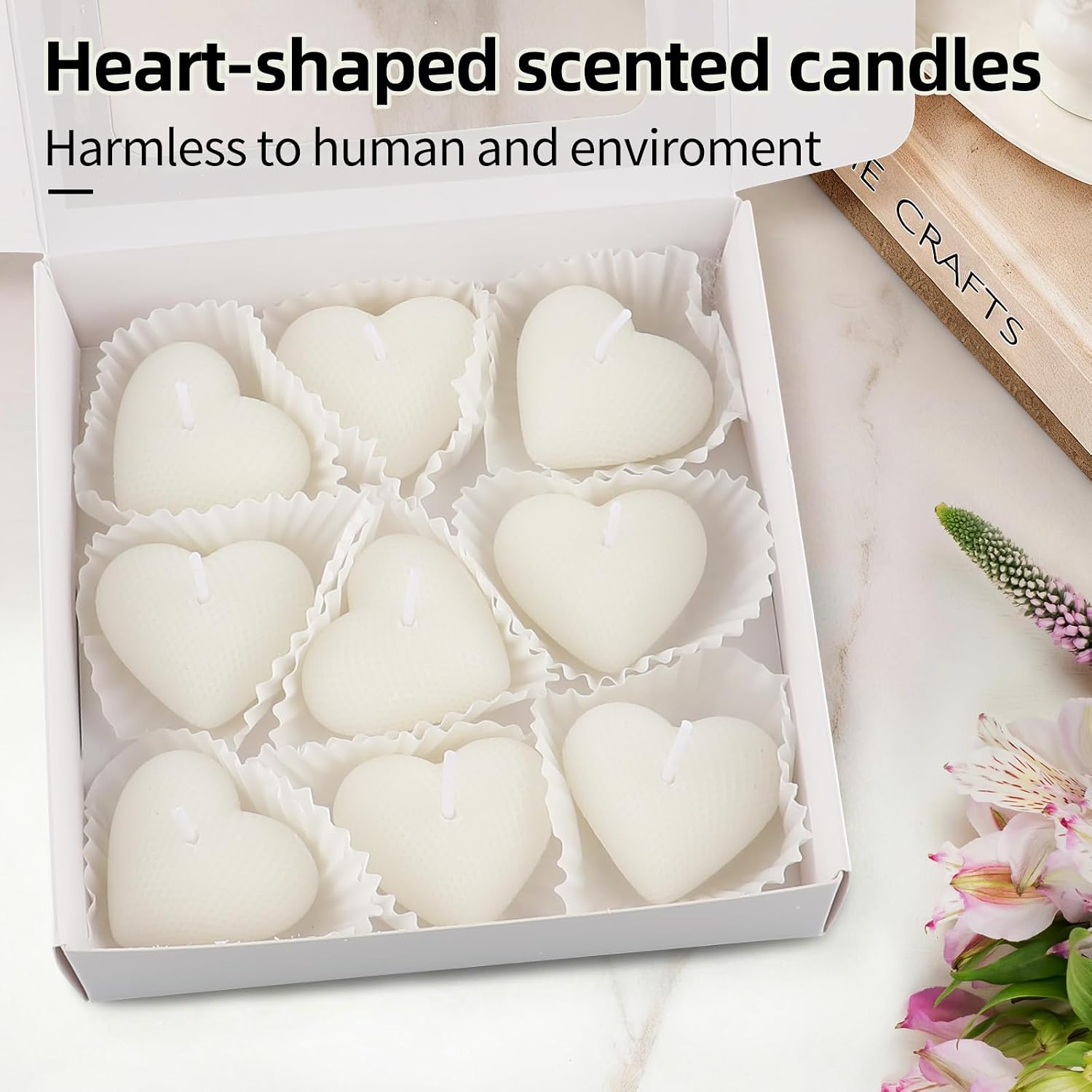 9 Pack Love Heart Shaped Scented Candles, White Mini Soy Wax Rose Flower Aroma Decorative Candles, Romantic 3D Heart Design for Bedroom, Parties, Table Décor, Valentine’s Day, Wedding Romantic