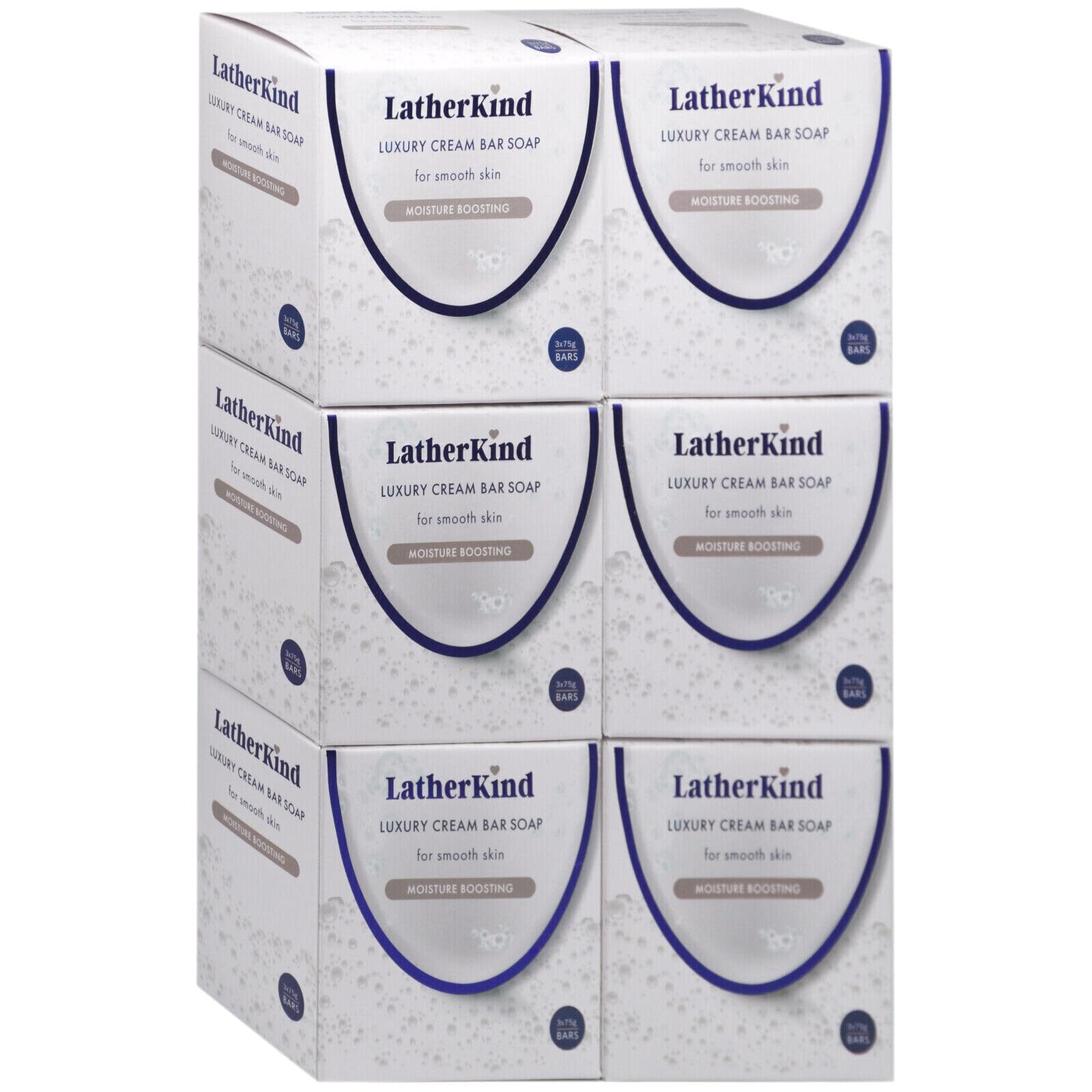 LatherKind Moisture Boosting Luxury Cream Bar Soap 75g (6 Packs of 3x75g = 18 Bars)