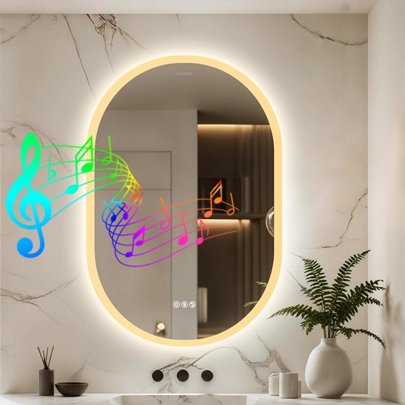 LUVODI Bathroom Mirror with LED Light: 600x900mm Oval Wall Lighted Mirror with Bluetooth Speaker Dimmable Backlit 3 Colour Lighting Anti-fog Memory Function, IP56 Rated