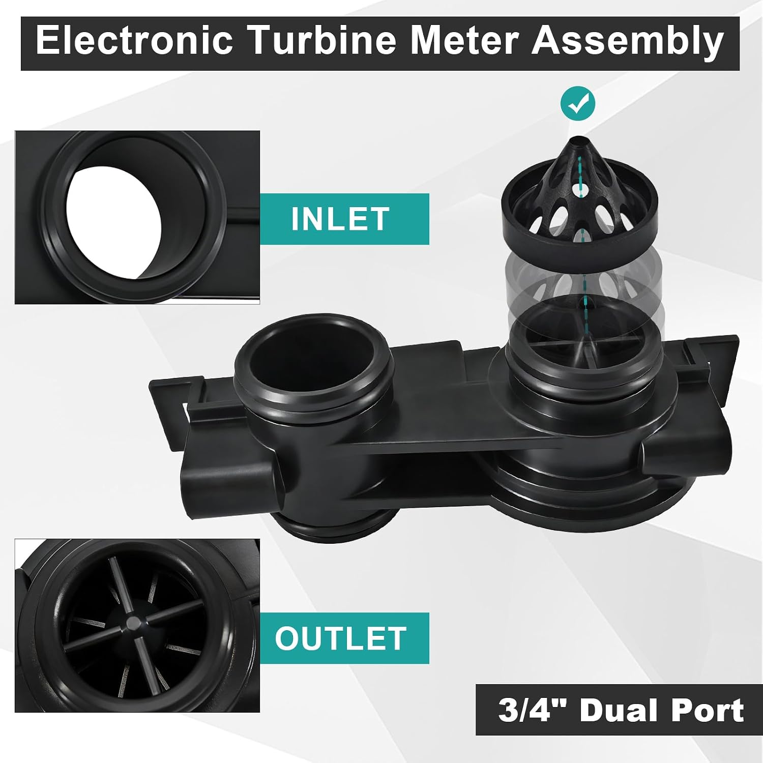FL60626 Electronic Turbine Meter Assembly 3/4" Dual Port Compatible with Fleck 5000SE 5600SE 2510SE 8500SE 9000SXT 9100SXT Water Softeners - with Clips, Screws and Flow Meter Cable, 60626