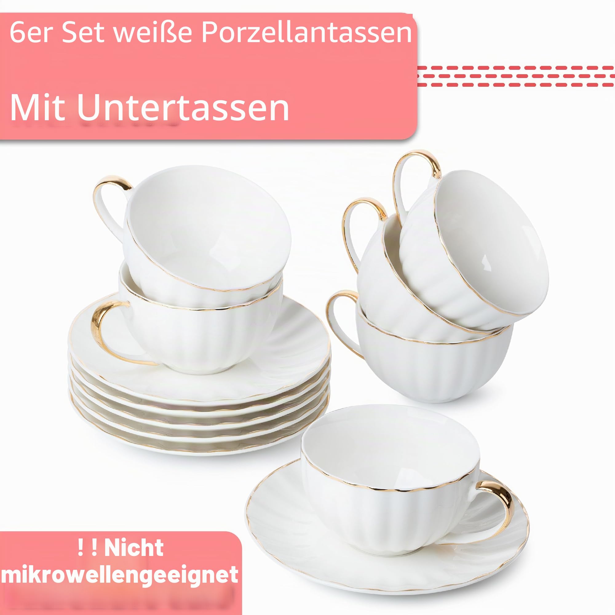 BTaT- Teetassen und Untertassen, 6er Set (200 ml) mit Goldrand und Geschenkbox, Cappuccinotassen, Kaffeetassen, weiße Teetassen Set, britische Kaffeetassen, Espressotasse, weiße Tasse | Kaffeetassen Set aus weißem Porzellan, spülmaschinenfest, ideal für M