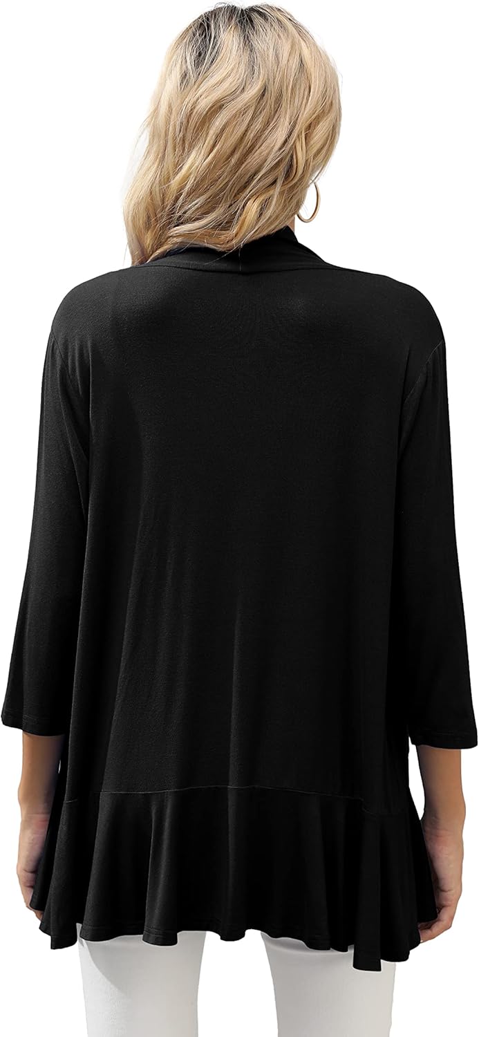 HIYIYEZI Women's Casual Lightweight Open Front Cardigans Soft Draped Ruffles 3/4 Sleeve Cardigan - Image 2