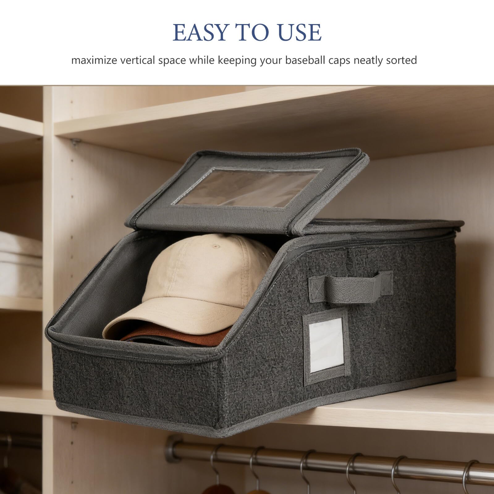 TOYANDONA Caja Organizadora de Gorras de Béisbol Plegable Transparente | 2 Piezas, Ventana Clara y Asa Lateral, Base Apilable con Cierre de Cremallera y Tarjeta Lateral