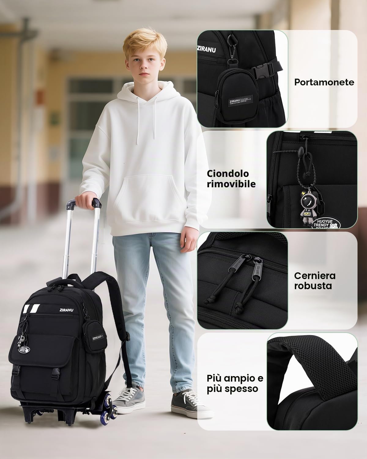Tanou Zaino Trolley per Ragazzi, Zaino con Ruote Scuola Media e Elementare | 28L, Trolley Staccabile, Zaini Ragazzo Grande con Portamonete per Viaggi, 6 Rotelle, Nero