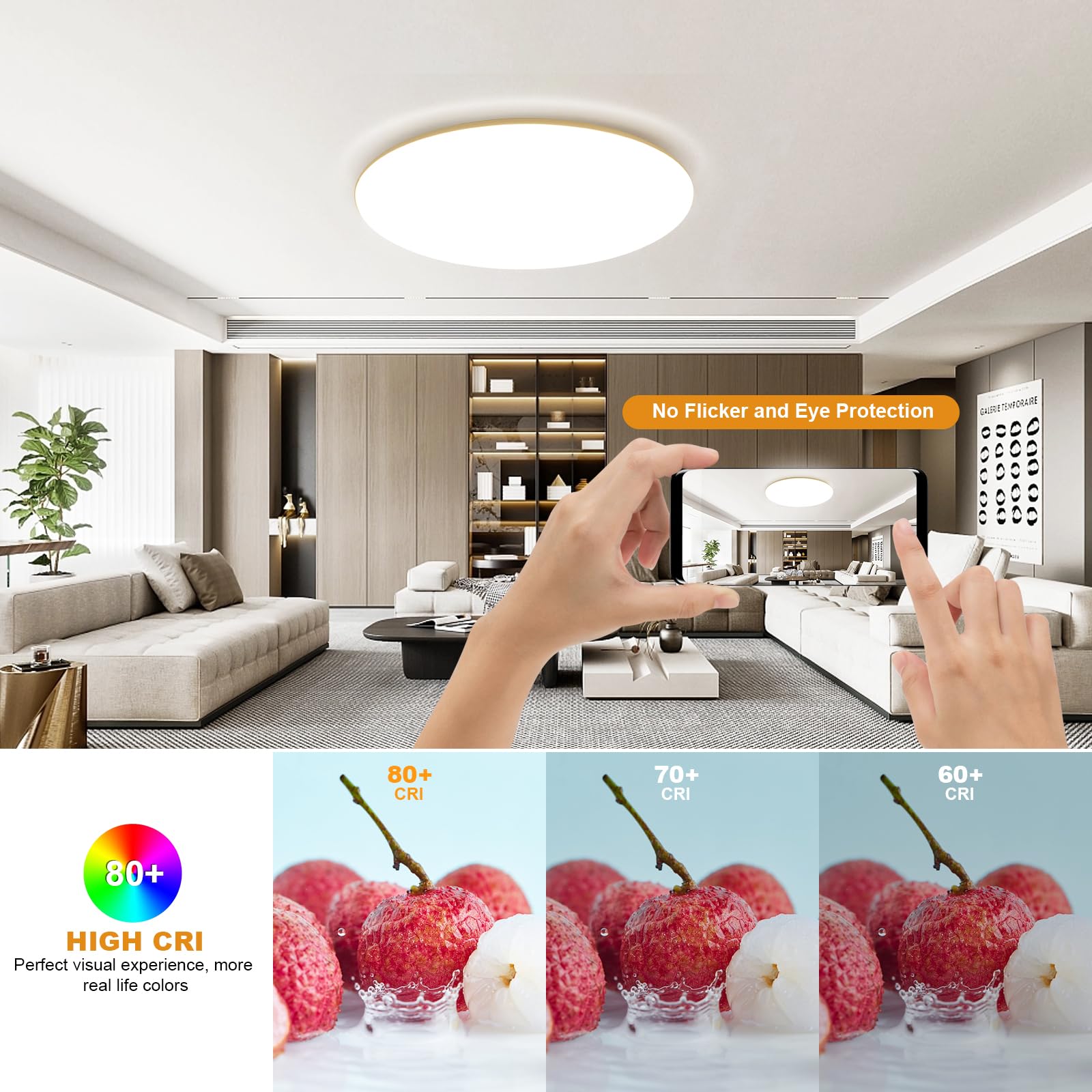 LEZOE Lampa sufitowa LED ściemnialna z pilotem φ45*5cm, 45W 5000 lm Lampa sufitowa 2700K-6500K z funkcją pamięci, biurowa Panel do salonu sypialni łazienki kuchni domowego biura owalna