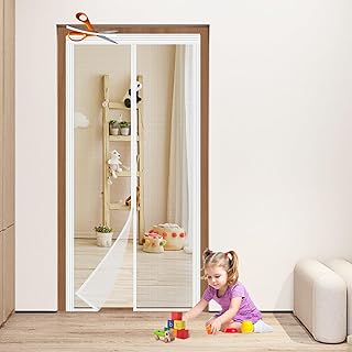 Adjustable White Fiberglass Door Curtain DIY Size Width 29" -34" Height 79" -82",Magnetic Screen Door with Reinforced Magnets Auto Closer, Keep Bugs Out, Pet and Kid Friendly