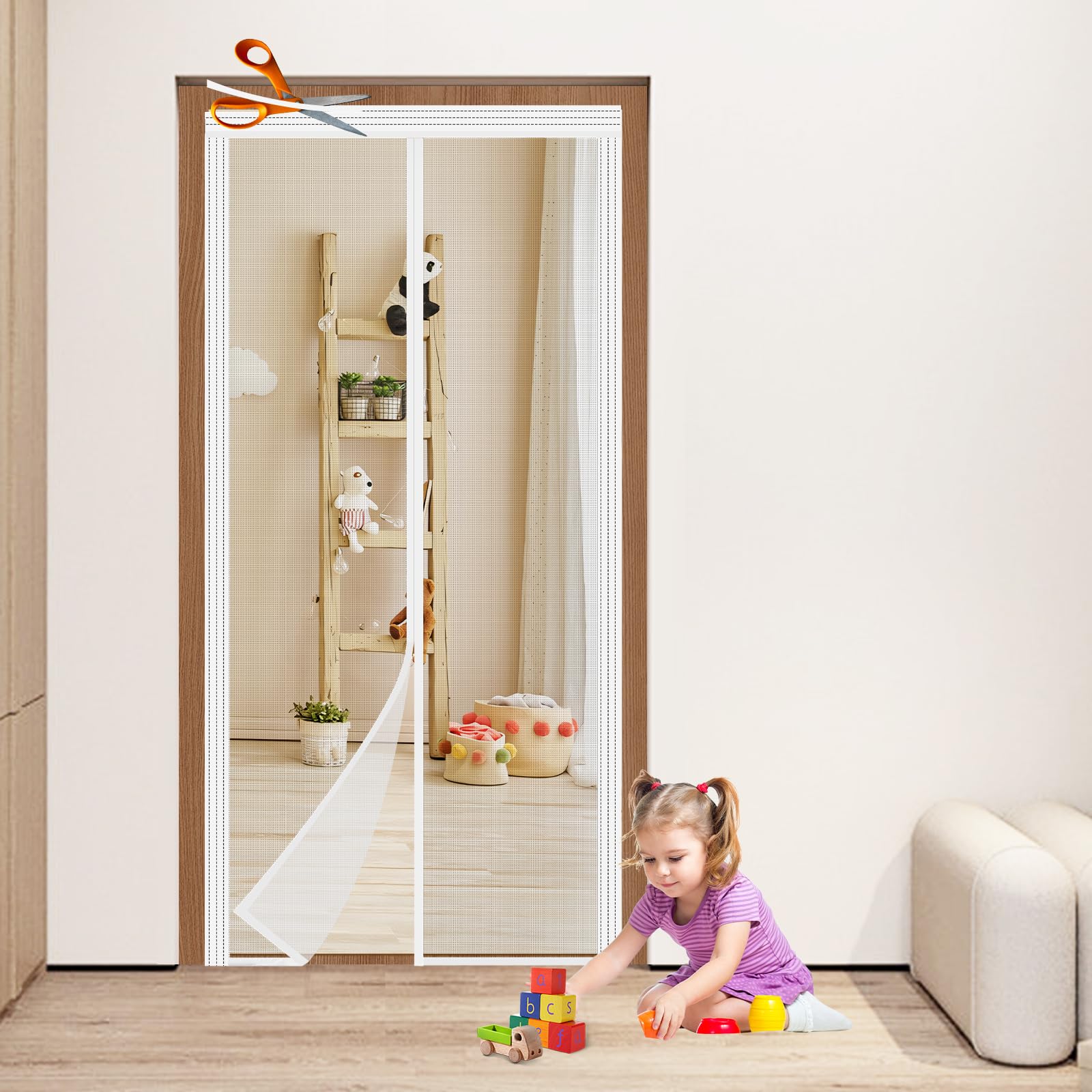 Adjustable White Fiberglass Door Curtain DIY Size Width 34" -39" Height 81" -84",Magnetic Screen Door with Reinforced Magnets Auto Closer, Keep Bugs