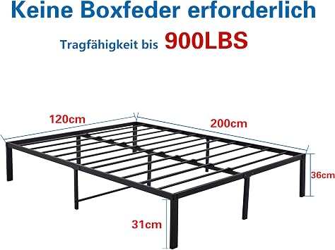 Metal Platform Bed Bed Frame 120 x 200 cm Metal Bed with Slatted Frame Modern Metal Bed for Adults Children Teenagers Easy Assembly Double Bed Black 36 cm H