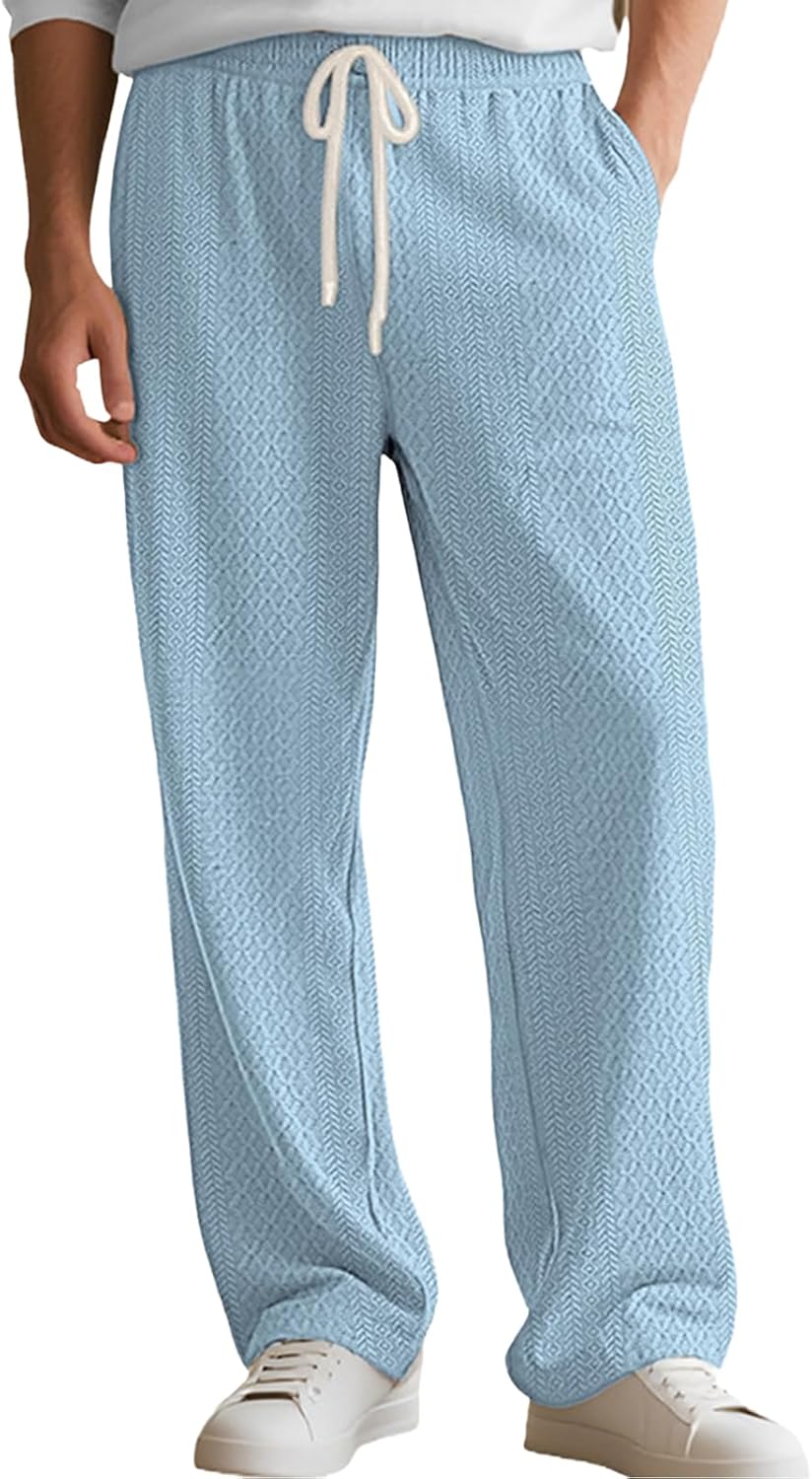 Mens Solid Textured Loose Fit Pants with Pockets Drawstring Elastic Waist Breathable Casual Lounge Trousers