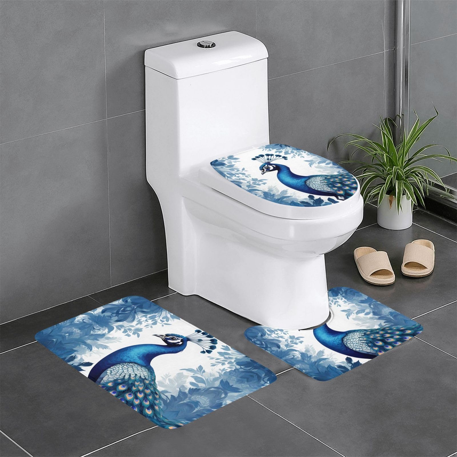 Tapis de salle de bain paon bleu antidérapant 3 pièces 61x40 cm