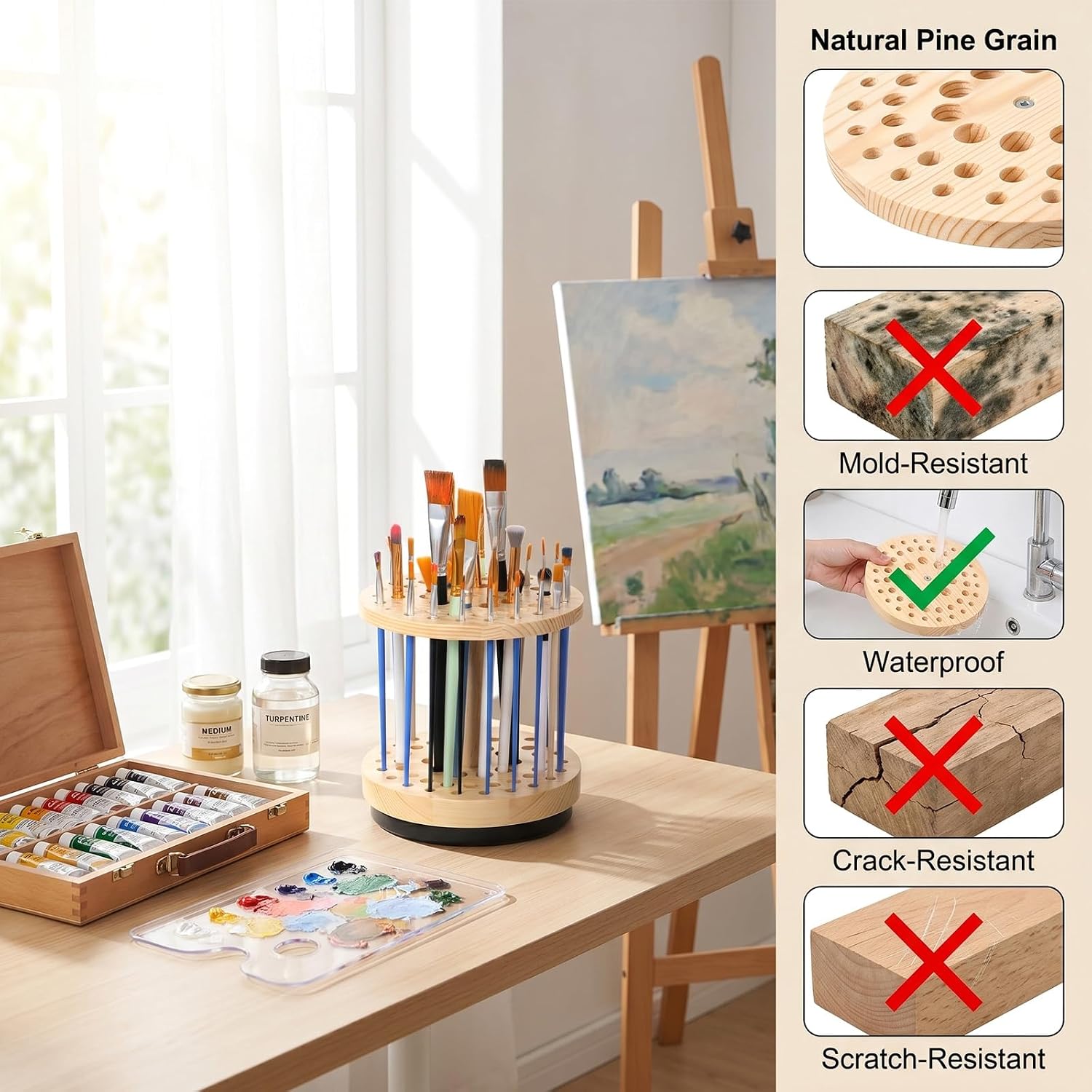 52 Holes 360° Rotating Hardwood Paint Brush Holder, Space-Saving Brush Organizer, Watercolor Brushes Holder Rotating Art Supply Organizer for Artists Brushes, Crafts Tools, Makeup Brushs