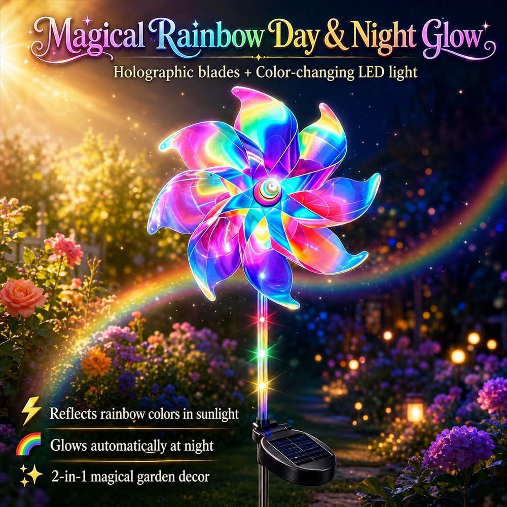 Magical Holographic Rainbow Solar Pinwheel Lights to Bring Fairy Tales to Your Yard, Outdoor Rotating LED Garden Decor for Yard Lawn Pathway Patio Waterproof (10Pcs)