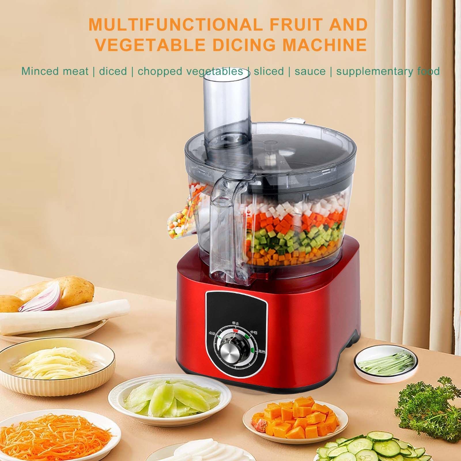 Cortador y Picador de Verduras, Máquina Eléctrica de Procesamiento de Verduras y Frutas con 2 Velocidades Ajustables, Cuchilla de Rejilla Extraíble, Bol de Trabajo de 1.32 GAL (5L) (Red)