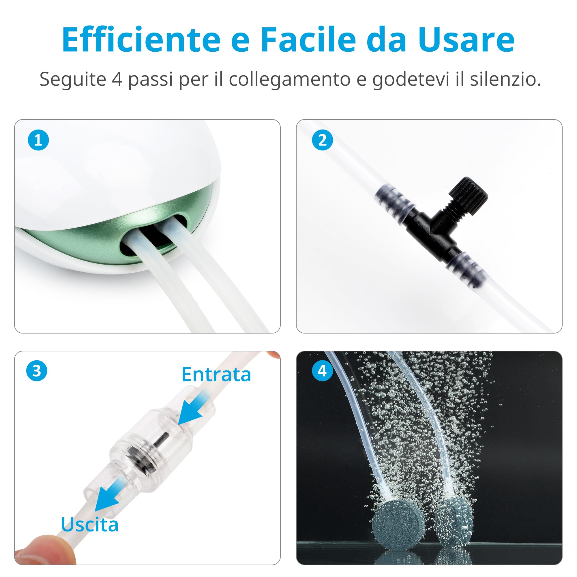 NICREW Ossigenatore per Acquario Ultra Silenzioso fino a 400 L con Flusso Regolabile, Pompa d'Aria per Acquario <37 dB Dotata di Tubo dell'Aria, Pietra e Valvola di Non Ritorno