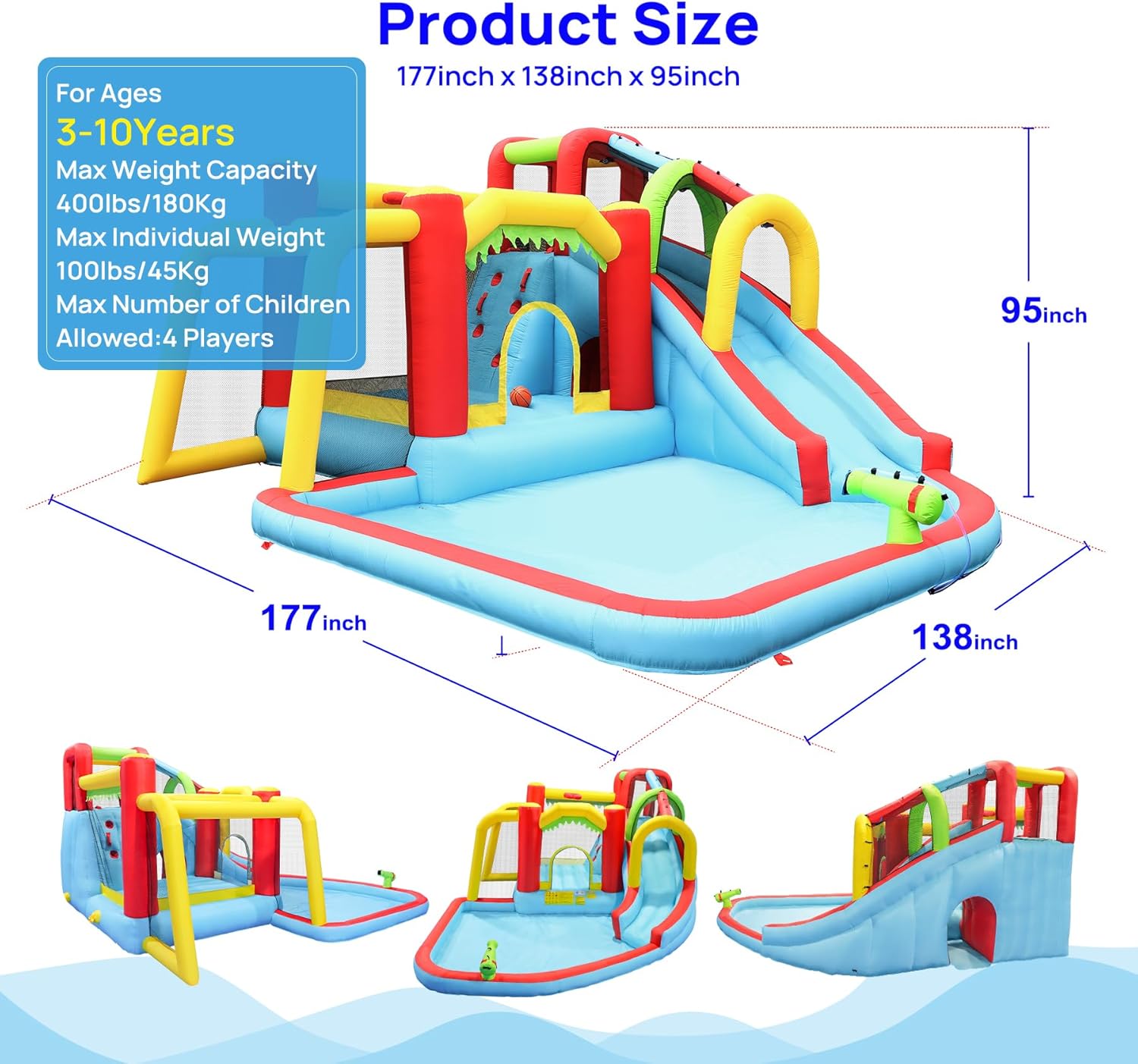 Inflatable Water Slide Bounce Castle with Blower, Dry and Wet Blow Up Jumping Bouncer with Slide, Climbing Wall, Basketball, Funny Tunnel, Soccer, Ball Pit Pool for Outdoor