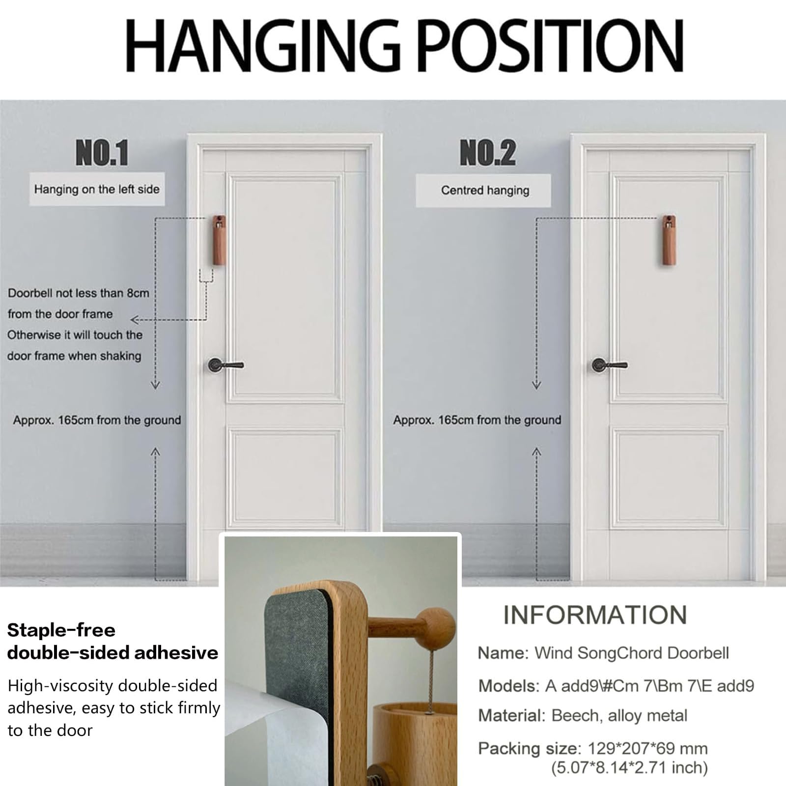 Campanello in legno sintonizzato 432 Hz con 8 colonne sonore, installazione senza chiodi, campanello d'ingresso rilassante per casa, negozio, ufficio e porte per animali domestici