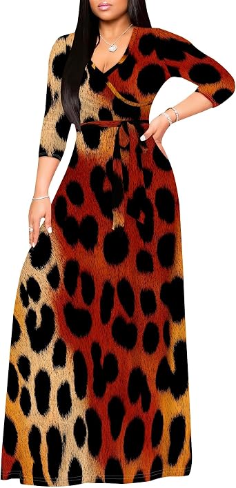 Womens V Neck 3/4 Sleeve Slim Maxi Dress with Belt Flowy A Line Swing Empire WAIS Floor Length Dresses