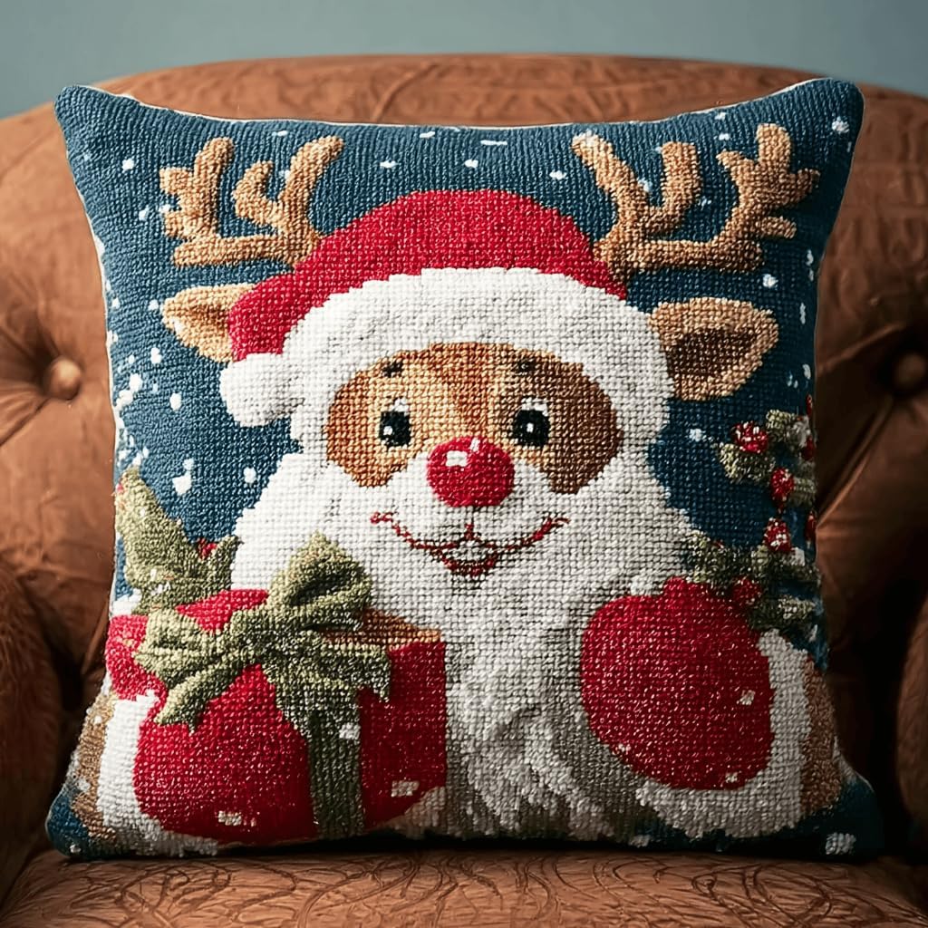 Christmas Latch Hook Pillow Making Kit,Beginner Level DIY Crochet Rug Craft with All Supplies,17x17 in Grid Canvas,Seasonal Yarn Latching Set for Family Bonding,Cozy Festive Hobby Enthusiasts-8